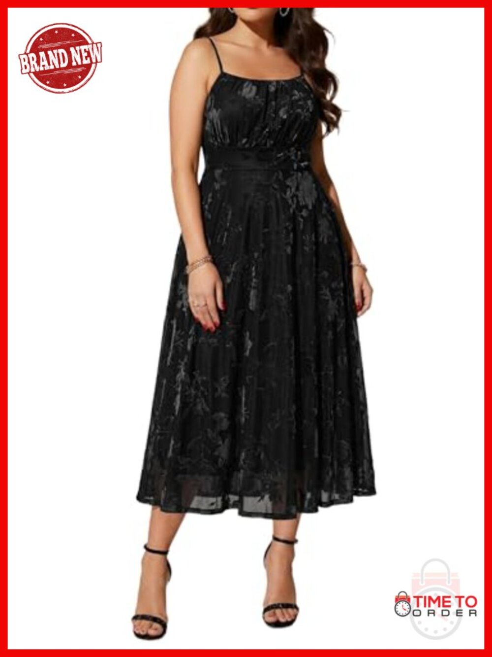 Plus Size Velvet Floral Midi Dress Spaghetti Strap Wedding Guest